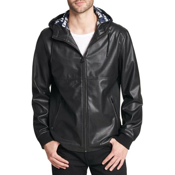 Levis Perforated Faux Leather Hooded Bomber Jacket Mens 2XL Black $150